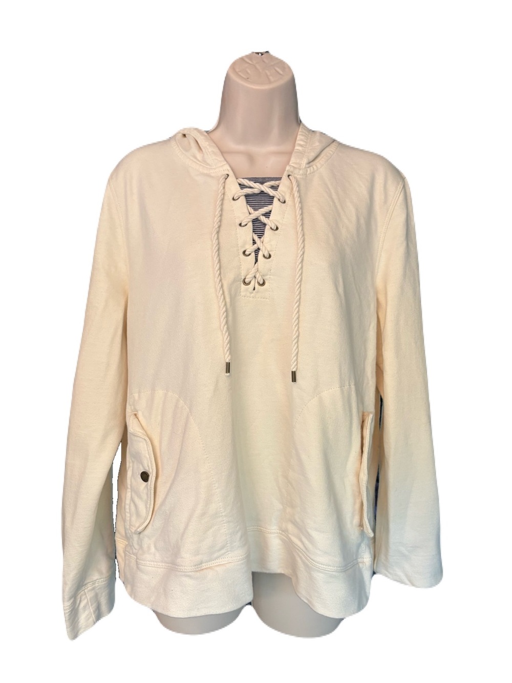 Lauren Jeans Co Ralph Lauren XL Nautical Lace Up Hoodie Anchor Embroidered Cream